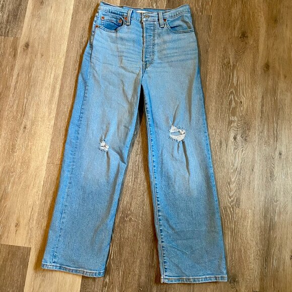 Levi's Ribcage Straight Ankle Jeans Light Blue Distress Button Fly High 27 27 - Picture 3 of 12